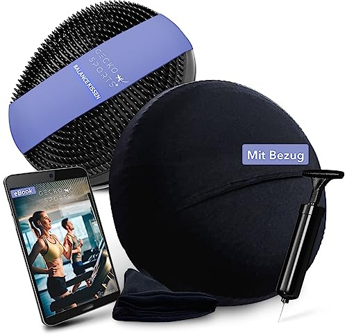 Gecko Sports Balancekissen mit und ohne Bezug 33 cm schwarz – weiches Ballsitzkissen inkl. Pumpe, Turnbeutel & eBook – Premium Sitzkissen für Büro & Fitness – ergonomisches Luftkissen