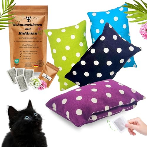 SNOOZYCAT® Premium Baldrian Katzenkissen 4er Set – wiederbefüllbares Katzenspielzeug mit 4 Nachfüllpads, waschbare Duftkissen aus Oeko-TEX® Baumwolle