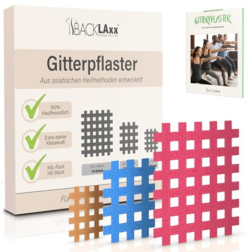 Gittertape | Premium-Qualität 140 Stk | Crosstapes Gitterpflaster Set in 3 Größen Typ A B C | GRATIS umfangreiches eBook mit 60 Anwendungsbeispielen | Akupunkturpflaster Cross Tape Gitterpflaster