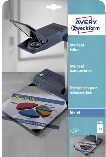 AVERY Zweckform 2503 Overhead-Folien für Inkjetdrucker (10 Transparentfolien, A4, spezialbeschichtet, stapelverarbeitbar, schnelle Farbaufnahme ohne Verschmieren und Verlaufen, Folienstärke 0,11mm), 10 Folien