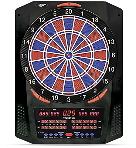 Carromco Elektronische Dartscheibe Topaz-901 – Softdartboard mit 2-Loch-System, rot-blau, 1–8 Spieler, Netzteil, Softdarts – 40 Spiele & 761 Spielvarianten (u.a. Cricket)