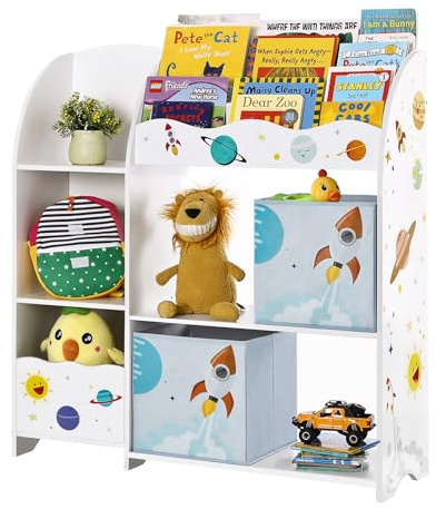 SONGMICS Kinderzimmerregal, Spielzeug-Organizer, Bücherregal für Kinder, multifunktionale Ablage mit 2 Aufbewahrungsboxen, Sticker mit Weltall-Motiven, Kinderzimmer, Schlafzimmer, weiß GKR42WT