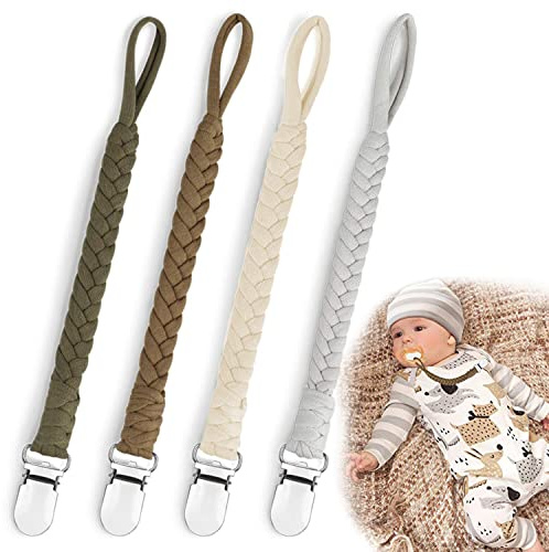 IOPYKKOA Schnullerkette Baumwolle Schnullerband Mädchen und Jungs Schnullerketten Clips für Lätzchen Dreieckstuch Sauger 4 Stücke( braun)
