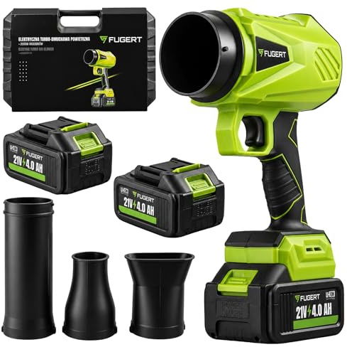 FUGERT Turbo Gebläse bis 250km/h, 21V Bürstenloser Motor, Akku Laubbläser mit 2X 4000 mAh Akku & Ladegerät, 3-Stufen Leistung, inkl. Koffer & 3 Düsen (Kompaktgerät)