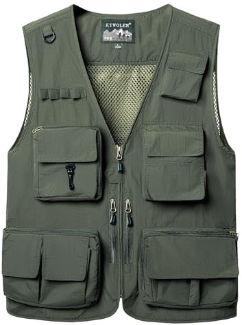 KTWOLEN Herren Anglerweste Sommer Leicht Schnelltrockenweste Funktionsweste Outdoor Fotografie Hundesport Weste Ärmellos Safari Weste mit Viele Taschen, Grün, L