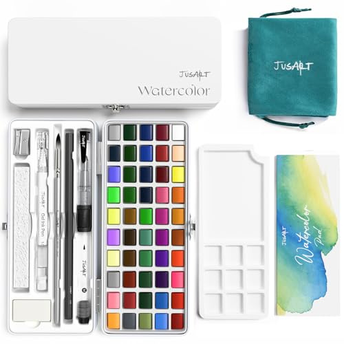 JusArt Aquarellfarben-Set mit 50 Farben, Künstlerbedarf mit Metallic-Farben, Detailpinseln, Wasserpinseln und tragbarem Reise-Malset für Künstler, Profis, Erwachsene und Kinder