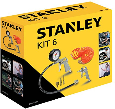 Stanley Pneumatisches Werkzeugset 9045717STN - Kompressor Zubehör - Druckluftpistole, Reifenfüller und Spiralschlauch 5M - Druckluftwerkzeuge Set für Autozubehör - Silber/Orange