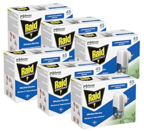 Raid Essentials Mückenstecker 45 Nächte, Elektrischer Insekten-Schutz vor Mücken & Tigermücken, 6er Pack (6 x 32 ml)