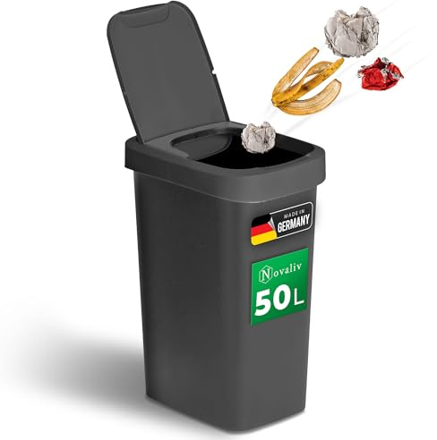 Novaliv Mülleimer 50L mit 2in1 Deckel, Klappdeckel & Schwingdeckel, Stilvoller Anti-Geruch Abfalleimer für Küche Haushalt Büro, Müll Eimer Bin Abfall Trash Kunststoff Abfallbehälter Mülltonne