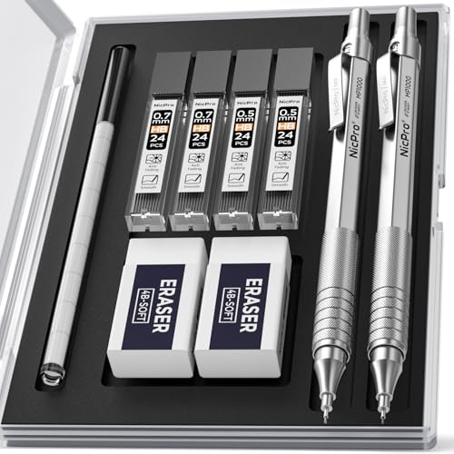 Nicpro 2 Stücke Druckbleistifte Set mit Etui, Automatische Metall Mechanische Bleistifte 0,5 mm und 0,7 mm, 4 Röhren HB Bleistiftminen, 2 Radiergummis für Schreiben, Engineering Zeichnen, Skizzieren
