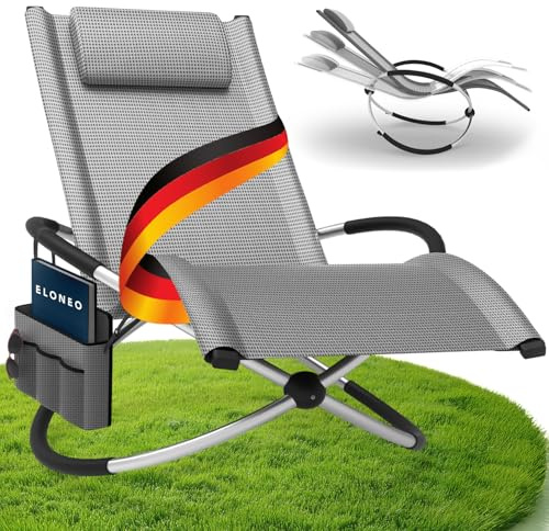 ELONEO Schaukelliege Outdoor mit Tasche, Relaxliege bis 180 kg Belastbarkeit, Schaukelsessel Outdoor, Liegestuhl wetterfest, Sonnenliege für Garten und Balkon, graukariert