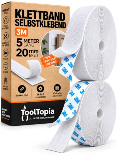 Klettband Selbstklebend Extra Stark Outdoor & Indoor 20mm x 5m Weiß | Klettverschluss Klebeband, Klett, Tape für DIY & Basteln & Haushalt & Nähen, ToolTopia Handwerksqualität
