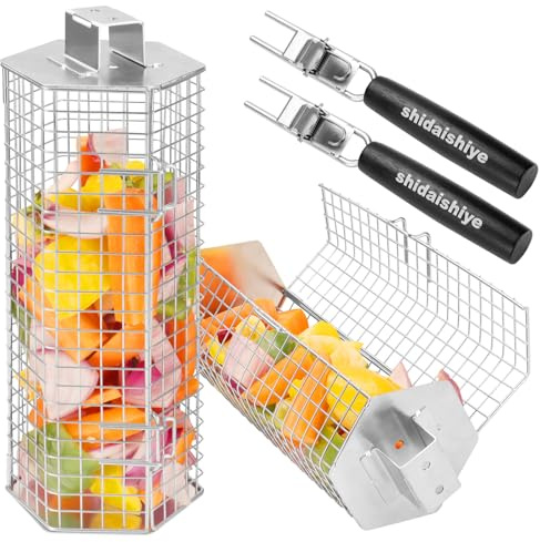 Rollendes Grillkorb Set,Grill Zubehör mit Abnehmbarem Holzgriff,Edelstahl-Nesting-Grillnetz, Outdoor Küche Grill Zubehör für Gemüse, Fleisch und Meeresfrüchte am Außengril, Geschenke für Männer(2 PCS)