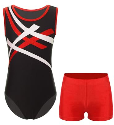 Yeahdor Kinder Turnanzug Ärmellos Sport Bodysuit mit Kurze Hose Trainingsanzug Jogginganzug Ballettanzug Eiskunstlaufen Akroabtik A Rot 134-140