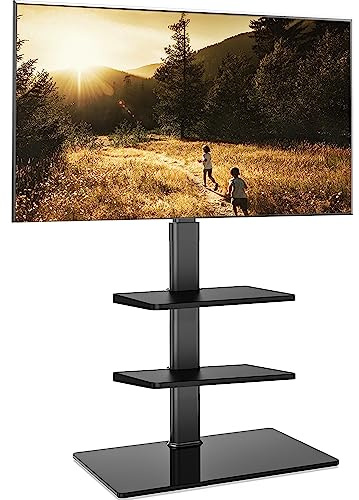 FITUEYES TV Ständer mit Glasboden & Verstellbaren Ablagen für 32–60 Zoll | TV Standfuss mit 2 Verstellbaren Ablagen, Höhenverstellbar, VESA 600 × 400 mm, für Büro Schlafzimmer Wohnzimmer, Schwarz