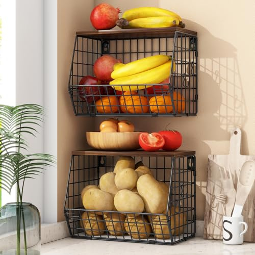 Obstkorb Hängend wand Schwarz für Obst und Gemüse Aufbewahrung, 2 Etagere | Obstschale Wand Obstkorb Wand für Küchen Organizer, Obst Aufbewahrung Wand Gemüse Organizer für Küche Zwiebel Aufbewahrung