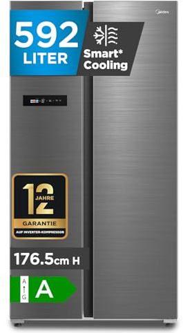 Midea MDRS791MYA46 Side-by-Side Kühl-/Gefrierkombination/No Frost/Inverter Compressor/176,5 cm hoch/379 L Kühlen/213 L Gefrieren/Doppelte Steuerung/SuperCool/LED-Beleuchtung/35dB/Rostfreier Stahl