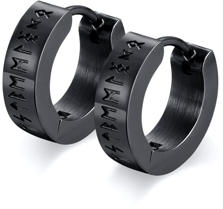 FLHEART Nordischer Wikinger Hoop Ohrring Herren - Amulett Schutz Schmuck Geschenke Edelstahl Herren Ohrstecker mit Nordic Elder Futhark Runen,Schwarz,1 Paar,