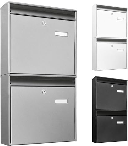 banjado Burg-Wächter Briefkastenanlage - Briefkasten 2 Parteien Silber - Doppelbriefkasten - Postkasten Mehrfamilienhaus - Briefkasten XXL mit Namensschild - Briefkästen