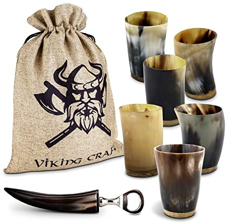 VIKING CRAFT Trinkhorn Wikinger Becher Set 6 x 80ml für echte Wikinger-Fans | 6 Hornbecher aus Naturhorn mit Flaschenöffner & Beutel, jedes Stück ein Unikat, für Met, LARP, Mittelalter & Wikinger Deko