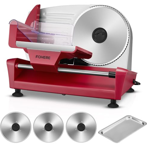 250 Watt Allesschneider Elektrischer Edelstahl - Brotschneidemaschine 3 Klingen - Verstellbare Küchenmaschine 0 bis 15mm - Wurstschneidemaschine, Schinkenschneider für Fleisch, Käse usw, Rot
