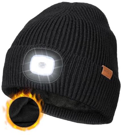 Wmcaps Mütze mit LED Licht, Wintermütze mit Dickem Warmen Futter, Integrierte Beleuchtete Type-C Wiederaufladbare Freisprech-Stirnlampe, Weihnachtsgeschenke Geschenke für Männer Frauen, Schwarz
