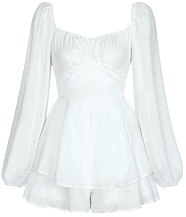 Odizli Sexy Kleid Damen Kurz Jumpsuit Elegant Langarm Boho Blume Chiffon Strampler Shorts Smock Minikleid Overall Festlich Hochzeit Partykleid Playsuit Herbstkleid Weiß M