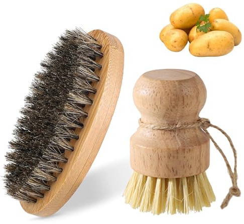 2 Stück Kartoffelbürste, Gemüsebürste, Gemüsebürste Holz, Pilzbürste Handflächenbürste Aus, Topfbürste Spülbürste Champignonbürste Kartoffelbürste für Küche Spüle, Rutschfestem Obstbürste