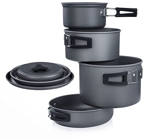 yourGEAR Ranger V - 7-teiliges Camping Kochgeschirr Set für 4-5 Personen - Langlebiges, antihaftbeschichtetes Aluminium - Topf Pfannen Set im Netzbeutel für Camping und Outdoor