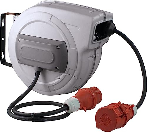 as - Schwabe Automatischer Kabelaufroller, 10 m, H07RN F 5G1,5, 400 V, 16 A | 180° schwenkbar, Schutzkontaktstecker und 1,0 m Zuleitung mit CEE-Stecker, Wand- oder Deckenmontage, IP44