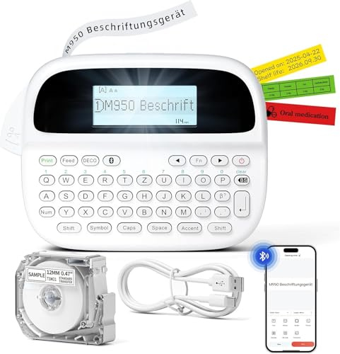 Etikettendrucker M950, Beschriftungsgerät mit QWERTZ Tastatur & Bluetooth | Wiederaufladbar Etikettiergerät, LCD-Display, Selbstklebende Wasserfeste TZe-Etiketten, Vielseitige App, Für Schule, Büro