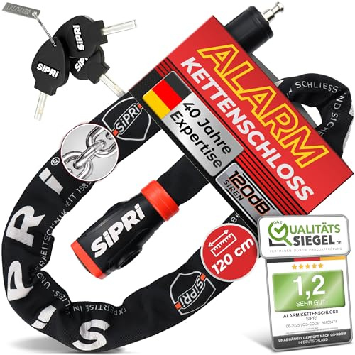 SIPRI® Fahrradschloss mit Alarm 120 dB | Kettenschloss Fahrradschloss hohe Sicherheit für E-Bike, E-Scooter & Motorrad | 8 mm Stahl, wetterfest, robust & langlebiges Schloss mit Schlüssel