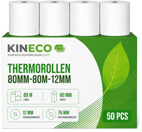 Kineco Kassenrollen 80mm x 80m x 12mm - Thermorollen, Thermopapier, Bonrollen (80x76x12) 50 Rollen