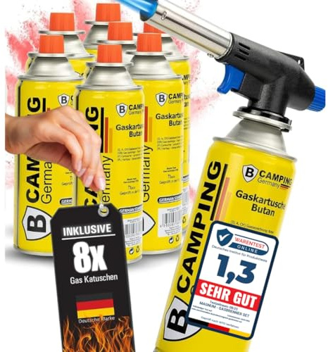 MAGNUM ® Gasbrenner mit Kartusche 8x227g – Schweißbrenner max. 1300°C Temperatur – Lötlampe mit Piezozündung – Bunsenbrenner Küche -Küchenbrenner