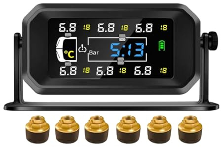 Reifendruckkontrollsystem, TPMS 6 Rad Modi, 8 /15 BAR, 116/217 PSI Max, mit 6 Externen Kupfer Reifendrucksensor, Vertikal/Hängend Montierbar, Solar USB Aufladung, für Busse, Wohnmobile, LKW (0-15 BAR)