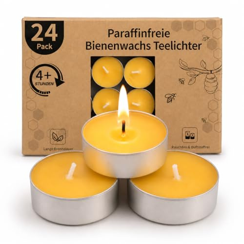 LETINE 24 Stück Bienenwachs Teelichter Kerzen, 4 Stunden, Duftfrei | Reines Bienenwachs Teelicht, Paraffinfrei, Aluhülle, Saubere Verbrennung Tealights für Halloween, Weihnachten, Advent