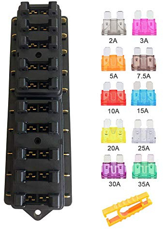 Aiqeer KFZ 10-Fach Sicherungshalter, 12V / 24V / 32V / 48V Universal Standard Blade Sicherungskasten, Sicherungsdose, Sicherungsblock, mit Feuchtigkeitsgeschützter Abdeckung und 10Pcs Flachsicherung