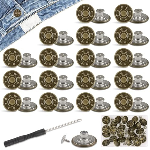 24 Stück Hosen Ersatz Knöpfe, Ø 20mm Jeansknöpfe mit Schraubendreher, Svalor Nähfreiknopf Ersatzknopf, Messing Jeans Knopf Stecken für DIY Jeansknopf zur Reparatur von Jeans, Hose (Sternmuster)