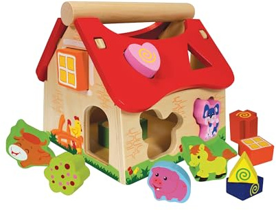 Eichhorn 100002098 Holz Steckhaus, 15-teiliges Haus aus Kiefernholz, mit 12 Steck-Bausteinen, Motorikspielzeug für Kinder ab 1 Jahr, Größe: 18 x 17,5 x 18 cm