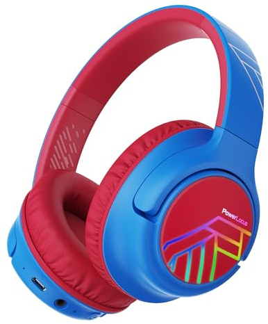 PowerLocus Bobo Bluetooth Kopfhörer Kinder, Kinderkopfhörer Over Ear mit 74/85/94dB Lautstärkebegrenzung, LED-Leuchten, Kabellos & Aux-Kabel Faltbare Kopfhörer mit Mikrofon für Handy/Tablet/Reisen