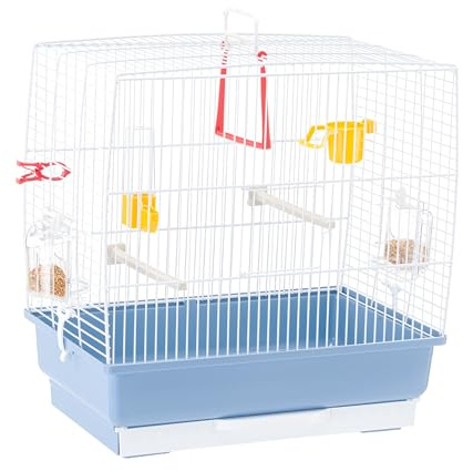 Ferplast Gabbia per piccoli uccelli esotici e canarini REKORD 2 Gabbietta per uccellini, Completa di accessori e mangiatoie girevoli, robusto metallo verniciato Bianco e fondo in plastica Azzurro, 39 x 25 x h 41 cm