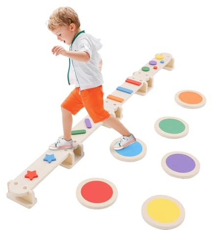 Balancierbalken für Kinder mit Trittsteinen, 3-in-1 Multifunktions Montessori Balancierbrett Hindernisstrecke, Gleichgewichtstraining, Sinnesschulung
