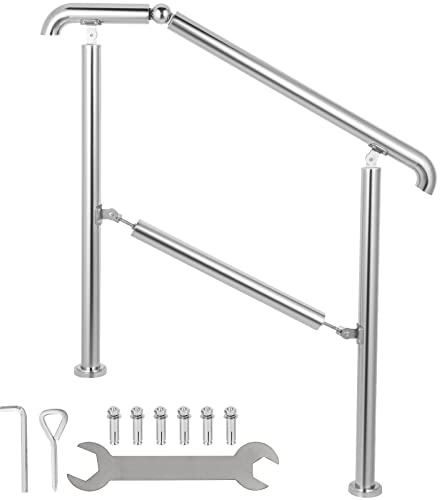 Happybuy Treppengeländer 5 Stufen, Hauseingang Handlauf Edelstahl mit Pfosten, Verstellbare Eingangsgeländer Silber, 4 bis 5 Stufiges Geländer 1,6 m,