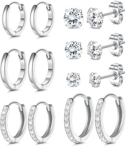 Ohrringe Silber, 316L Chirurgenstahl Steckerstift Ohrstecker & Creolen Silber Set | 18K Vergoldetes Hypoallergene Cubic Zirkonia Ohrstecker & Knorpel Ohrring Huggie Creolen Klein für Damen, 7 Paar