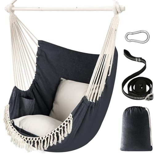Chihee Hängesessel Hängeschaukel Maximal 500 Pfund Inklusive 2 Kissen Stahl Spreizstange mit Metall Tragbarer Hängesessel Seitentasche Großer Macrame Bohemian Stuhl Innen Außen