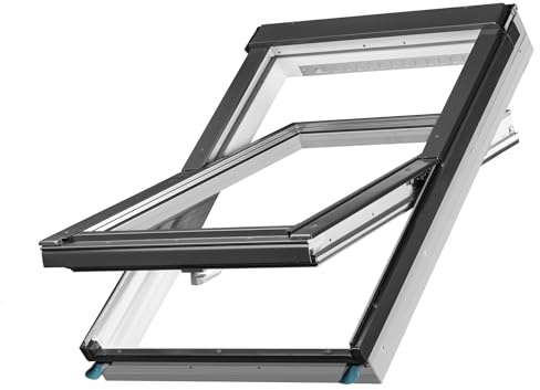 Dachfenster Set für FAKRO | Kunststoff Schwingfenster 55 x 98 cm | Fenster aus PVC mit 2-fach Verglasung und regulierbarem Lüfter | inkl. Eindeckrahmen für Ebene Ziegel (bis 45 mm)