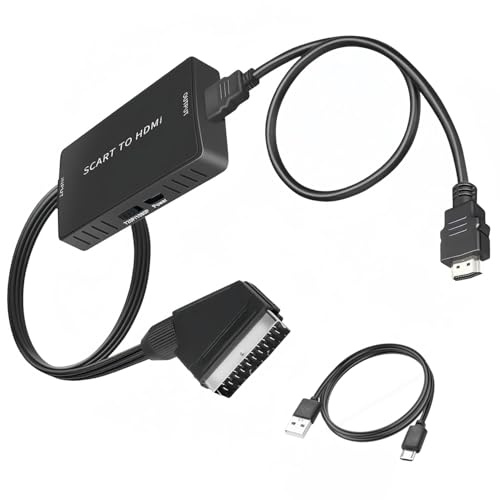 PKOUVOO Scart auf HDMI Konverter, 1 m HDMI-Kabel, 90 cm Scart-Kabel, USB-Stromkabel, für HDTV, Blu-ray, DVD, VCR, PS, XB0X, Wii, N64, Sky Box, Full HD 720p/1080p, Plug and Play