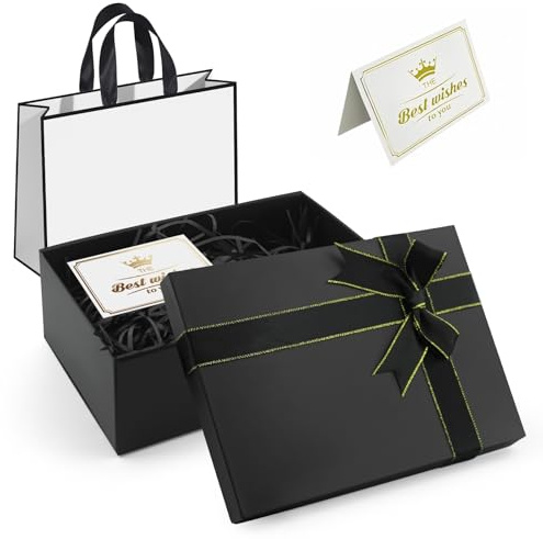 Schwarz Geschenkbox mit Deckel 21.5x16x8cm,Geschenk Verpackung Box Aus Karton,mit Tragetaschen,Schleife,Schöne Grußkarte und Bast,Schwarz Geschenkschachtel für Hochzeiten,Weihnachten,Geburtstage