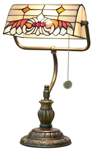 Blivuself Tiffany Stil Banker Tischlampe Buntglas Vintage Schlafzimmer Nachttisch Studie Reißverschluss Pull Kette Leseschreibtisch Lampe Büro Led Ästhetische Antike Rot Weiß Desktop Arbeitslicht
