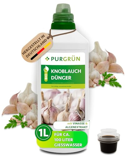 Purgrün® Bio-Knoblauch-Dünger 1 Liter – Organische Rezeptur – Premium-Flüssigdünger – NPK 4+1+7 – Mit Algenextrakt & Vinasse – Extra Kalium für ein intensives Aroma – Ohne tierische Inhaltsstoffe
